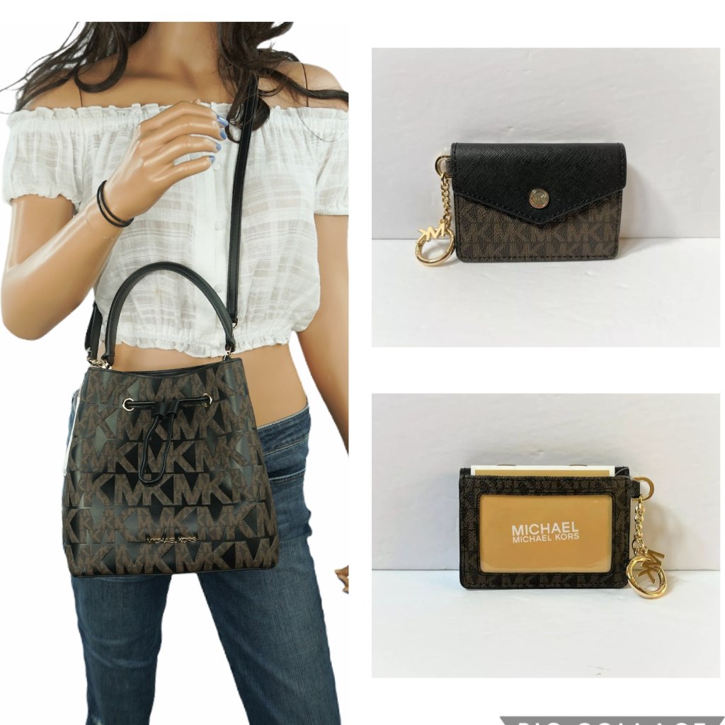 Michael Kors Suri Medium Bucket Bag + Envelope Wallet Set Mk Brown Black
